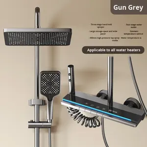 Conjunto de Chuveiro Digital Inteligente com Display, Termostático, Luz Ambiente, Cabeça de Chuveiro Quadrada Cinza Gunmetal, Montagem na Parede, Chuveiro Oculto - Product Image 4
