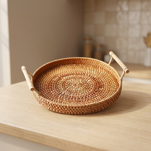 Plateau de service rond en rotin avec poignées en bambou, couleur unie, panier décoratif non fini pour usage résidentiel - Product Image 2