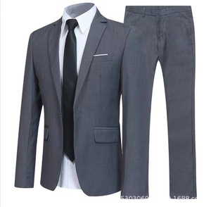 SF2398F Factory Custom Men's Casual Two-Piece <b>Set</b> New Fashion British Style Breathable <b>Knitted</b> Small Solid Wedding Bridal Suits - Product Image 1