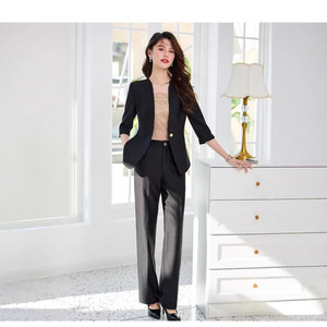 Women's Suit Set Pink White Three Quarter Sleeve Satin Blazer Pants Office Lady Work Wear Anti-Wrinkle Professional Style - Product Image 3