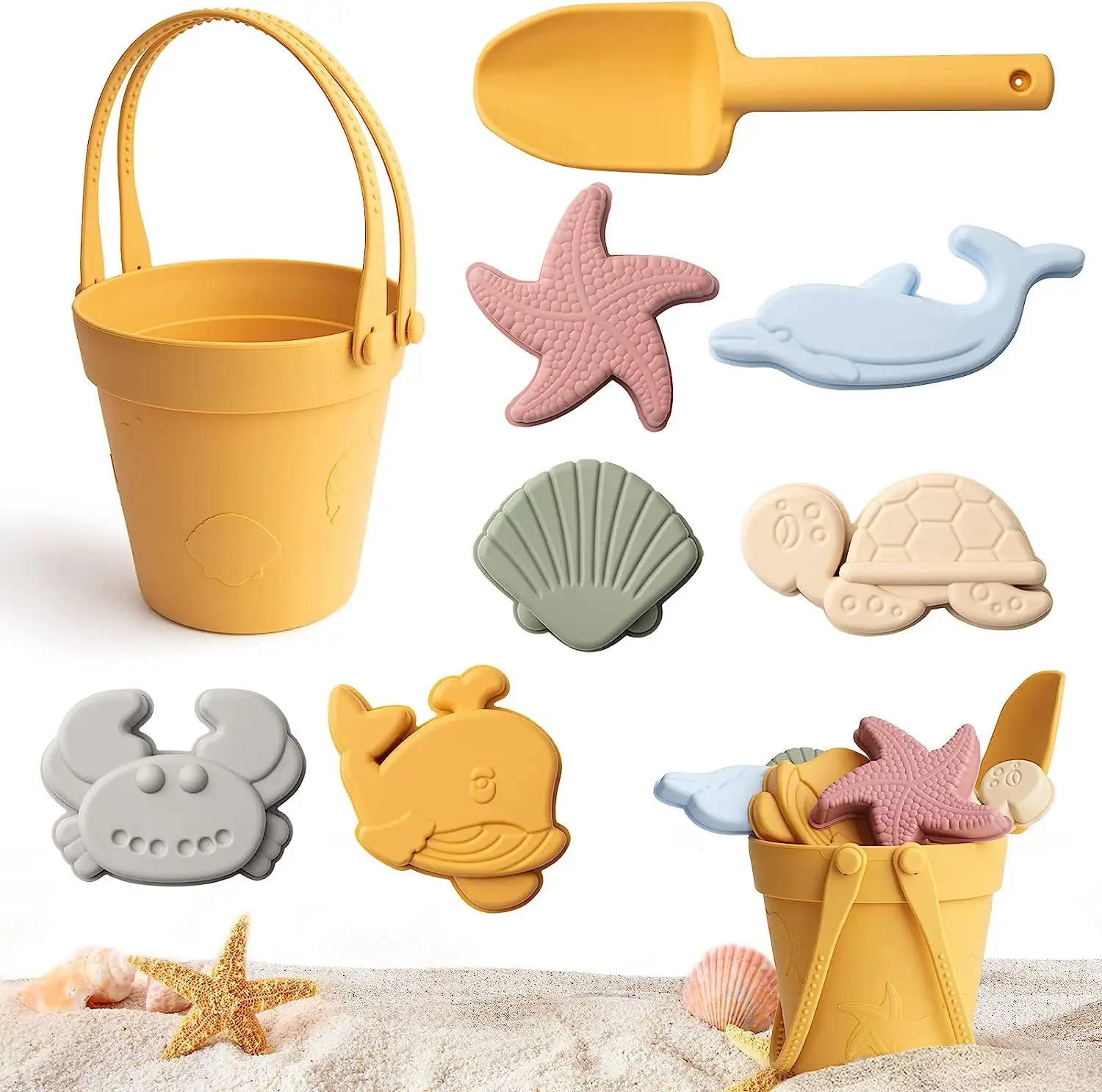 NO MOQ Lebensmittel qualität Kinder 8 Stück Set Seaside Baby Beach Toy Spielen von Wasser und Sand Graben Silikon Sommer Beach Toys Set