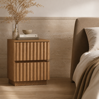 Table de chevet en bois à 2 tiroirs cannelés pour chambre à coucher, table de chevet en chêne, OEM ODM personnalisé, faible MOQ.