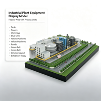 Conception de modèles 3D d'équipements industriels pour hôtels, réservoirs, tours, cheminées, unités bleues, plateformes jaunes, routes, ceinture verte, ABS