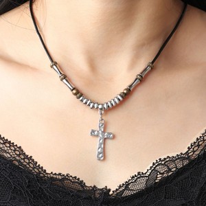 Hammered Cross Leather Cord Necklace Tibetan <b>Silver</b> <b>Beaded</b> Clavicle Chain Women's Jewelry Gift 56.5cm 8.7g - Product Image 5