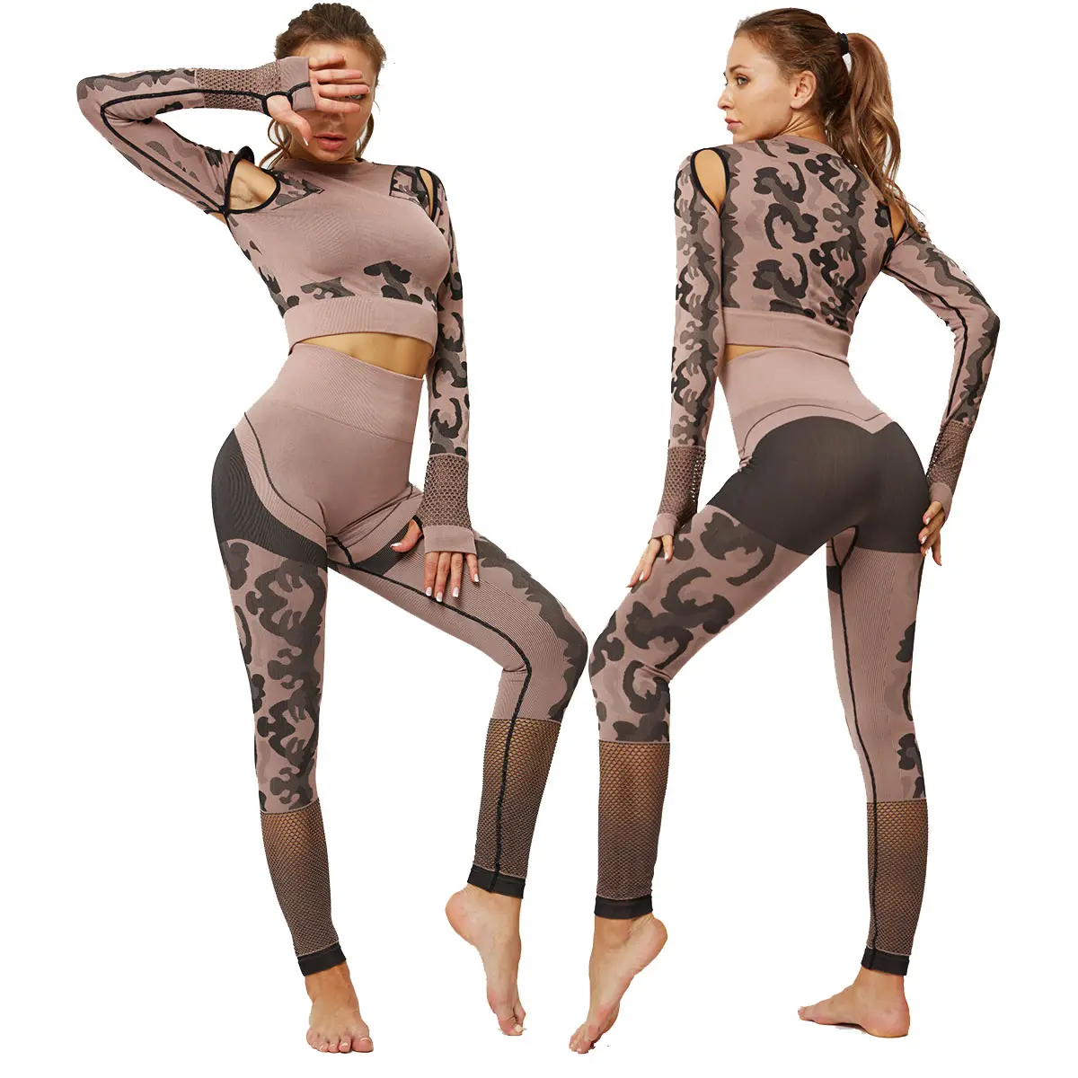 2 pezzi donne Sexy camouflage scava fuori stretto Yoga sport Yoga senza soluzione di continuità manica lunga stretto Yoga set