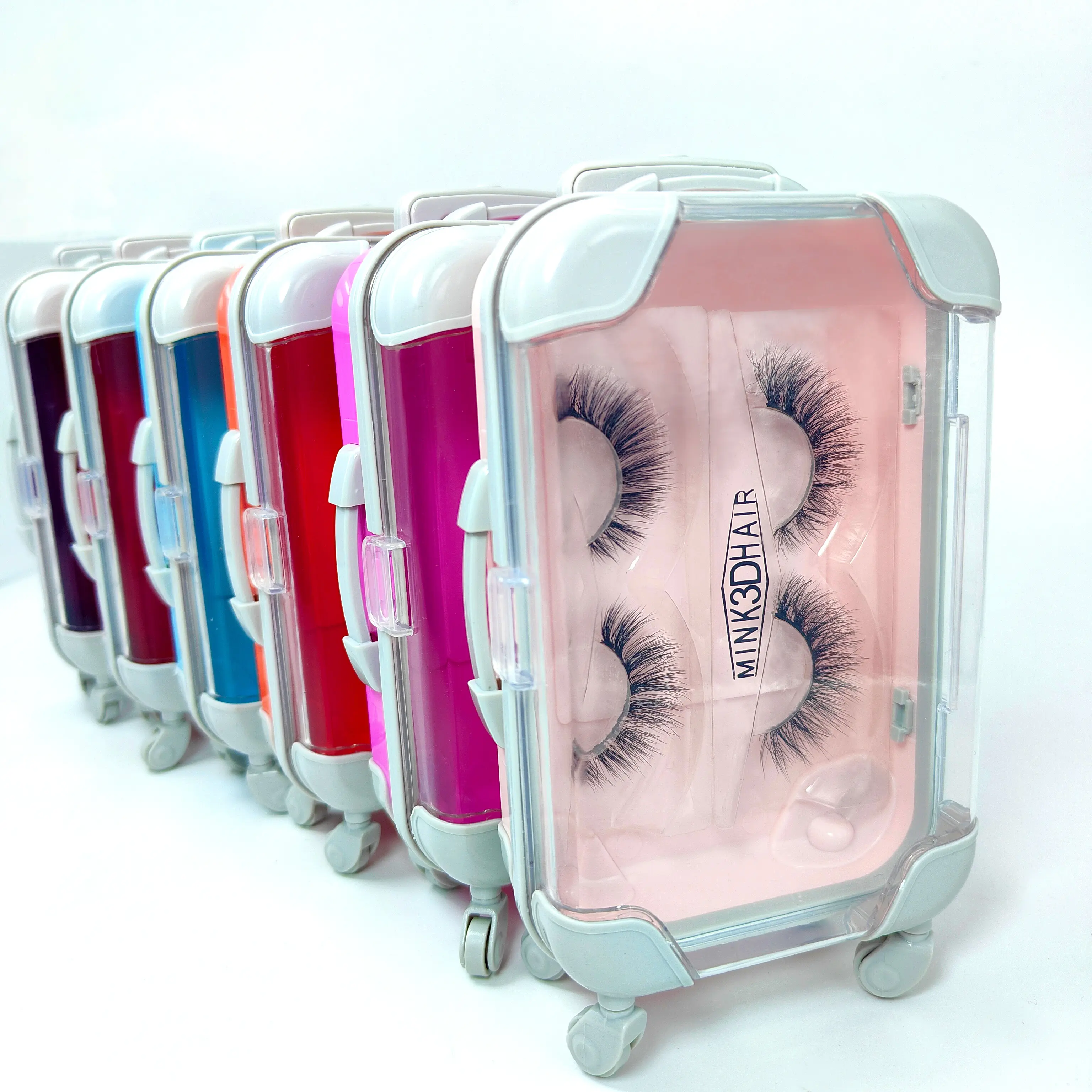Embalagem de caixa de cílios personalizada de mala de plástico fofa para mini bagagem de marca própria