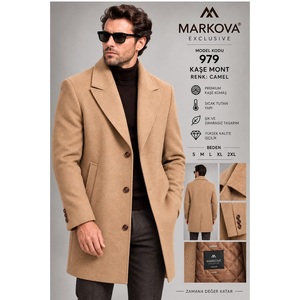 Manteau long triple boutonnage en laine et polyester MARKOVA pour homme, couleur camel, col pointu, idéal pour l'hiver, qualité supérieure - Product Image 1