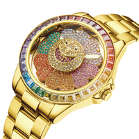 Jam Tangan Pria Baja Gaya Hip-hop Sun Flower yang Dapat Diputar, Berhiaskan Berlian Warna-warni, dan Berkesan Kepribadian