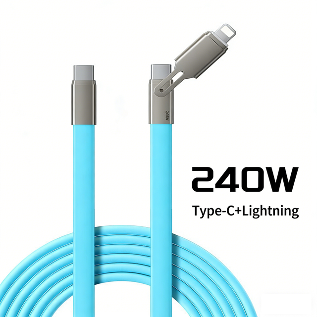 Two-in-one 1.2 Meters Type-C to Type-C 240W Fast Charging Flat Genuine Silicone Anti-Tangling Data Cable