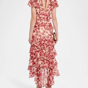 ชุดแมกซี่เดรสเอวสูงคอวีของผู้หญิงลายดอกไม้แต่งระบายซักได้สไตล์วันหยุดพักผ่อนริมทะเล - Product Image 3