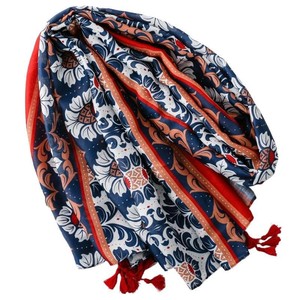 Red and Blue Contrasting Color Vintage Floral Scarf Bohemian Exotic Ethnic Style Scarf Breathable <b>Sunscreen</b> Shawl - Product Image 2