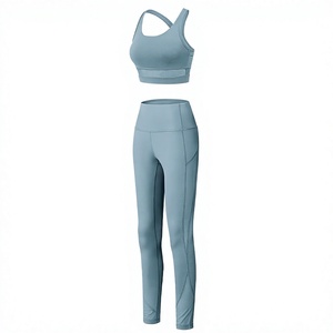 Ensemble de yoga deux pièces à taille haute avec logo personnalisé, séchage rapide, extensible, en fibre de nylon/spandex côtelée, vêtements de fitness pour femmes - Product Image 1