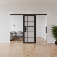 Nouvelle porte coulissante en bois à grille géométrique moderne pour chambre à coucher, finition gris mat, panneaux en verre dépoli, appartement, hôtel, entrepôt, villa