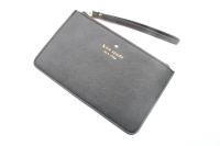 Pochette de voyage noire en cuir PU grainé avec fermeture éclair, porte-cartes et dragonne