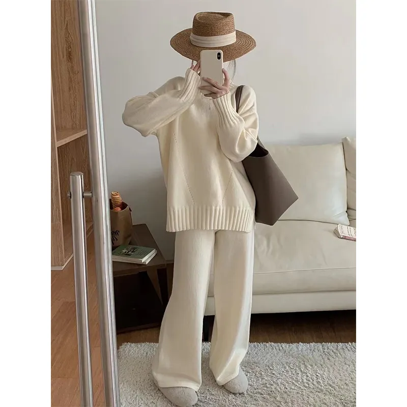 European High Quality Two Piece Women Sweater TrackSuit Autumn Winter OverSized Pant Suits Thick Warm Lady Knitted Suit 780E