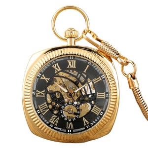 Reloj de bolsillo con esfera de esqueleto negro erótico Vintage para hombre, reloj de bolsillo cuadrado chapado en oro con cadena, relojes de bolsillo mecánicos - Product Image 2