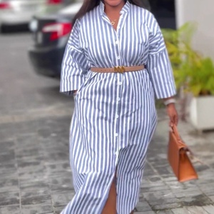 Vestido Casual Africano para Mujer, Talla Grande, Nuevo, a Rayas, con Cuello Camisero y Manga Tres Cuartos, a la Moda - Product Image 4