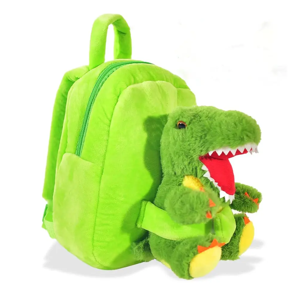 Green Fluffy Dinosaur Plush School Bag for 3-5 Years Boys Girls Attached with T Rex Toys Accessary Cute Kids Backpack Animal