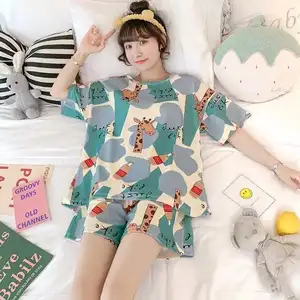 Piyama Pakaian Tidur Wanita Korea Penjualan Terbaik Setelan Lengan Pendek Kartun Pakaian Tidur Piyama Set Pakaian Rumah Wanita