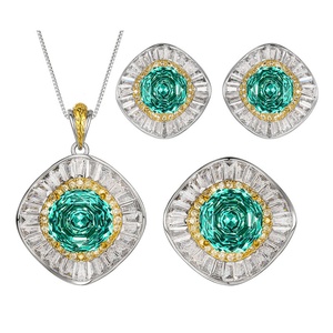 Fashion Eco-friendly Copper Gold Plated 14-10mm Paraiba Green Zircon Floral Necklace <b>Earrings</b> Ring <b>Set</b> Personalized Jewelry <b>Sets</b> - Product Image 1