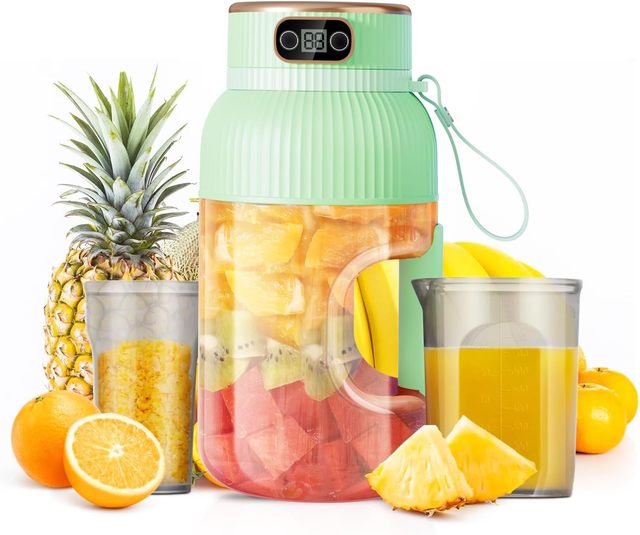 Multifunctional Portable Juicer Cup With Digital Display, 3 in 1 Personal Juice Cup Blender Rechargeable with Direct Drinking Lid, Smoothie Blender on the Go, for Gym/Travel/Kitchen (Green,600ml