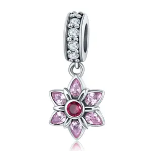 Qings 925 Sterling Silver Pink Flowers Charm Pendant with CZ for Bracelet Necklace for Women Girls Engagement Wedding