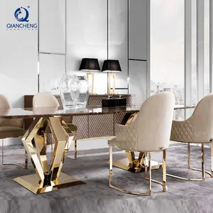 Huangshan — ensemble de table à manger de luxe contemporain, meuble de salle à manger en verre gris, doré, 8 places