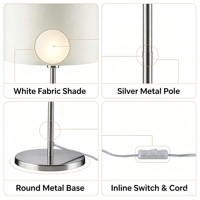 Lampe de table moderne en tissu, avec support en métal nickel brossé et abat-jour cylindrique en tissu crème, idéale pour chambre à coucher et hôtel