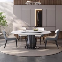 Mesa de Comedor Redonda de Diseño con una Superficie de Piedra Brillante y una Base de Madera Maciza con Incrustaciones de Acero Inoxidable para Muebles de Hogar Modernos