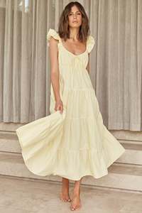 <span class=keywords><strong>Robe</strong></span> mi-longue en coton pour femmes, avec bretelles à volants, cordon de serrage, décolleté carré arrondi, jupe à volants superposés - Product Image 3