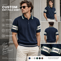 Polo en tricot rétro pour homme, bleu marine, manches courtes, avec rayures contrastées