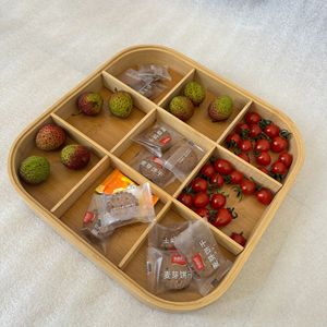 Caja de Almacenamiento Compartimentada de Bambú, 9 Compartimentos, Rectangular, Multifuncional, Contenedor de Alimentos, Bandeja para Frutas, para Sala de Estar, Mesa de Centro - Product Image 1