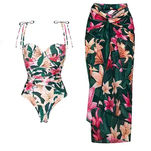 Oem Custom Logo Label/tag/print Fashion Print Ruffle Strapping Bikini And Skirt Three Piece Sets Cut Out Bathing Suits