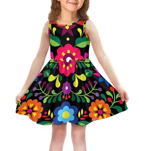 2024 New Stock Arrival Kids Dress Print on Demand Mexican print Ottomi Girl Dress Custom Sublimation Breathable Polyester Dress