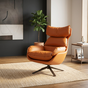 Sillón de Cuero Moderno, Respaldo Sólido, Giratorio, Estilo Mid-Century, Mueble para Sala de Estar - Product Image 4