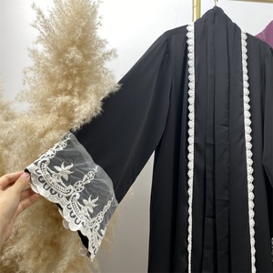 1405#B Latest Eid Nida Material Flower Lace Border Classy Simplicity White Embroidery Women Open Abaya Have Pockets - Product Image 5