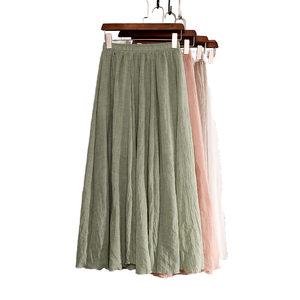 Wholesale Women Linen Cotton Breathable Ruffles Casual Natural <b>Elastic</b> Waist Pleated Maxi <b>Skirts</b> Beach Summer - Product Image 1