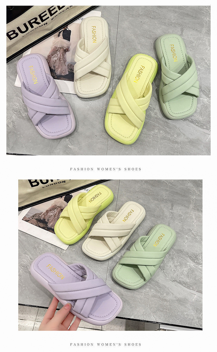 New Platform Slippers Cross Strap Comfortable Home Shoes Outside Square Head Beach Sandals