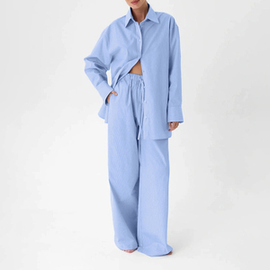 Abiti classici <span class=keywords><strong>in</strong></span> <span class=keywords><strong>cotone</strong></span> a maniche lunghe a righe blu 2025 Set di 2 pezzi da <span class=keywords><strong>donna</strong></span> Set di pantaloni e camicia da <span class=keywords><strong>donna</strong></span> autunnali - Product Image 2