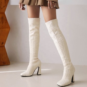 Newest Square Toe Soft Towel Suede Material Women Over Knee High <b>Boots</b> Shoes High Heels Long Booties for Ladies Wide Leg - Product Image 2