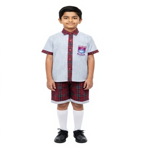 Girls Primary School Uniform Set Teal Plaid <b>Skirt</b> Cotton Woven Polo Shirt With Bow Detailing - Product Image 4