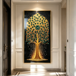 Arte Murale Islamica con 99 <span class=keywords><strong>Nomi</strong></span> <span class=keywords><strong>di</strong></span> <span class=keywords><strong>Allah</strong></span> e Design Albero della Vita, Dipinto su Porcellana con Cristalli e Glitter, Decorazione per Casa Ramadan ed Eid - Product Image 1