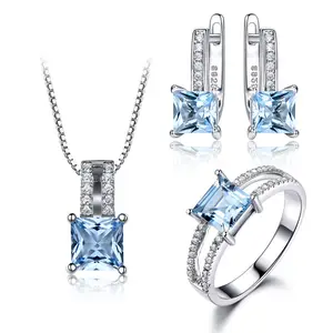 Bộ Trang Sức Bạc Thật 925 Nano Aquamarine Sky Blue Topaz Nhẫn Mặt Dây Chuyền Bông Tai Stud Vòng Cổ Cho Phụ Nữ Trang Sức Mỹ