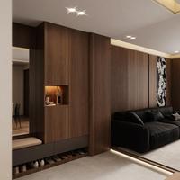 Meuble à chaussures d'entrée sur mesure avec banc miroir, niche d'éclairage LED et tiroirs, finition bois foncé