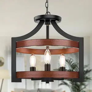 Rustic Farmhouse Pendant Hanging Light Adjustable Height Convertible Vintage Semi Flush Mount Ceiling Light Metal wood finish