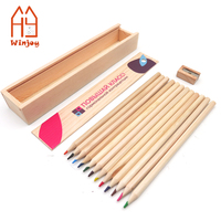 Ensemble de crayons de couleur imprimés sur mesure avec boîte en bois, crayons de couleur en bois naturel 12 couleurs avec taille-crayon