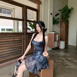 Summer Spaghetti Strap Dress For Women Natural Waist Asymmetric Print Party Casual Short Skirt Irregular Design - Product Image 3