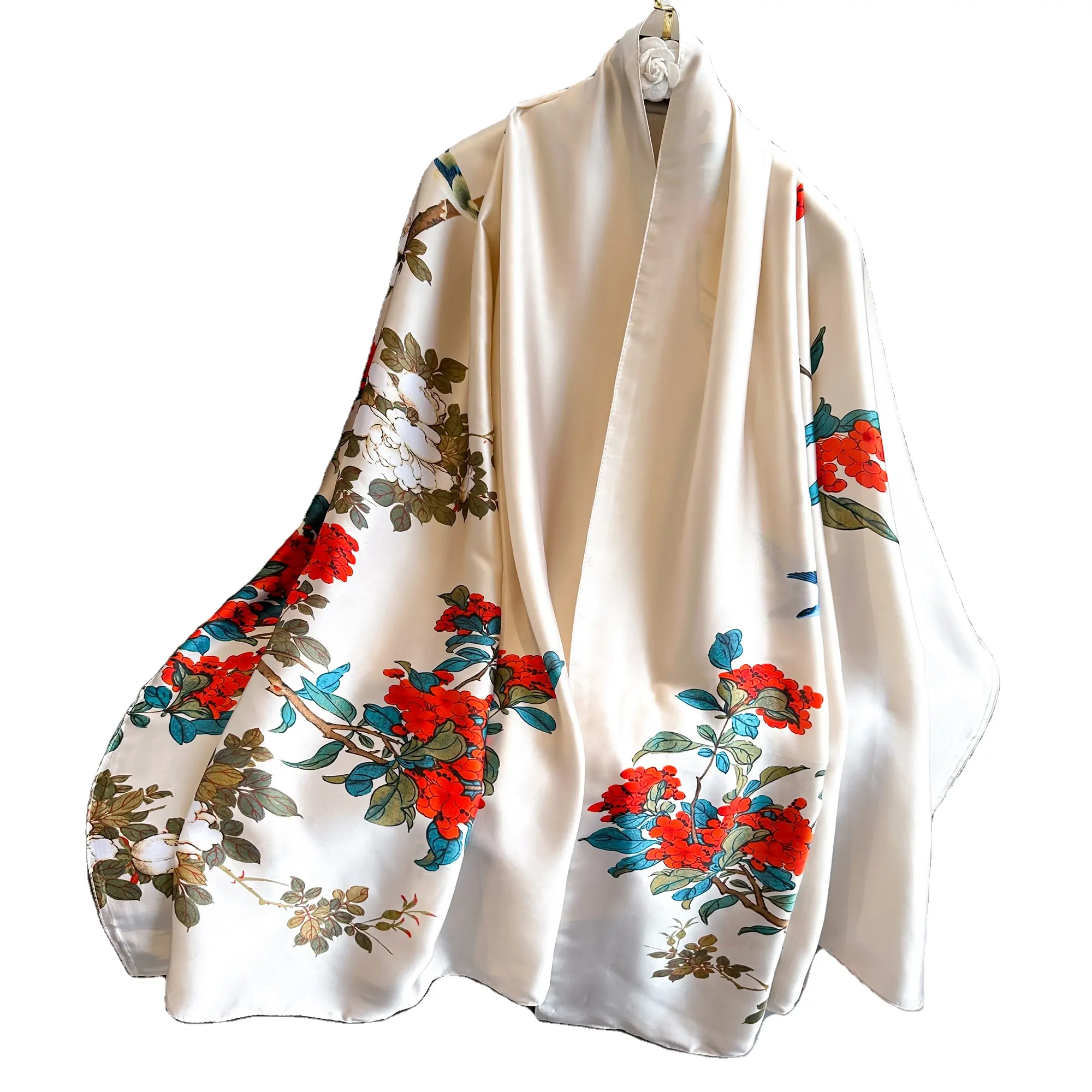 Vente en gros de nouvelle arrivage de logo personnalisé, impression numérique, écharpe florale nationale de Chine élégante sensation soie pour femmes