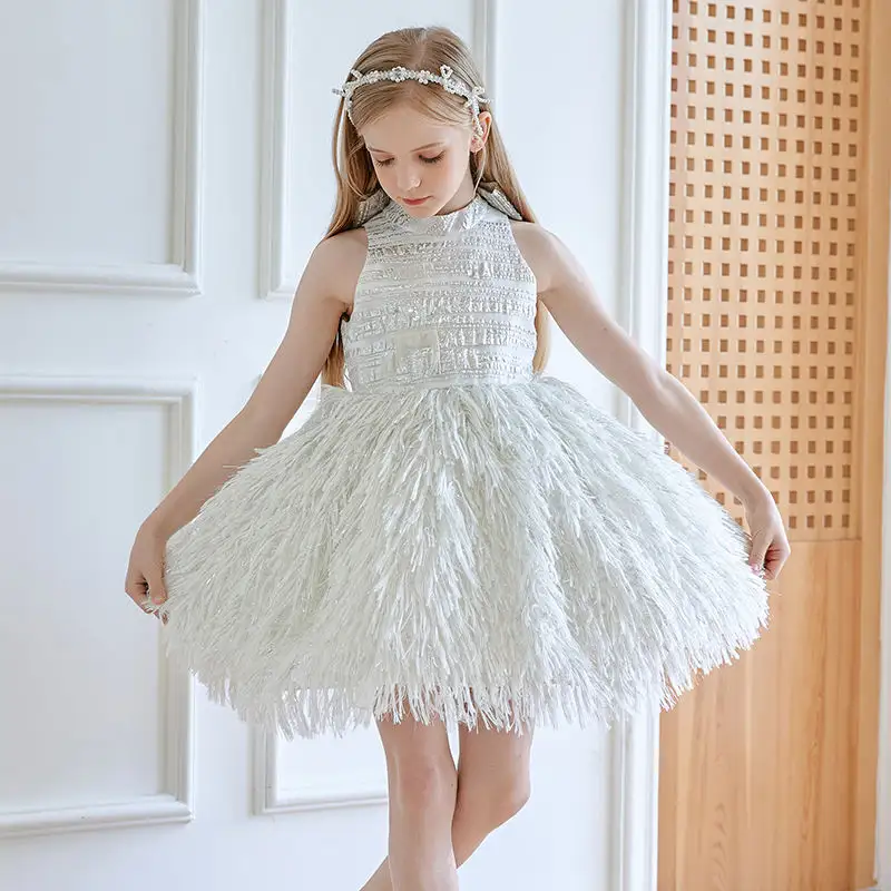 Atacado Halter Kids Comfort Silver Jacquard 2-12 anos Crianças Aniversário Wedding Party Flower Girls Dress