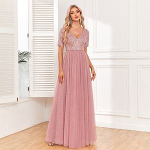 Robe de soirée élégante en tulle éco-responsable pour femmes, nouvelle robe à manches courtes, col en V avec décoration en dentelle - Product Image 5